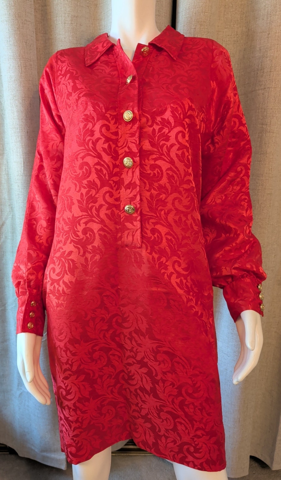 Vtg 80s Brownstone Studio Ny Red Jacquard Gold Buttons Shoulderpads Dress Sze 14
